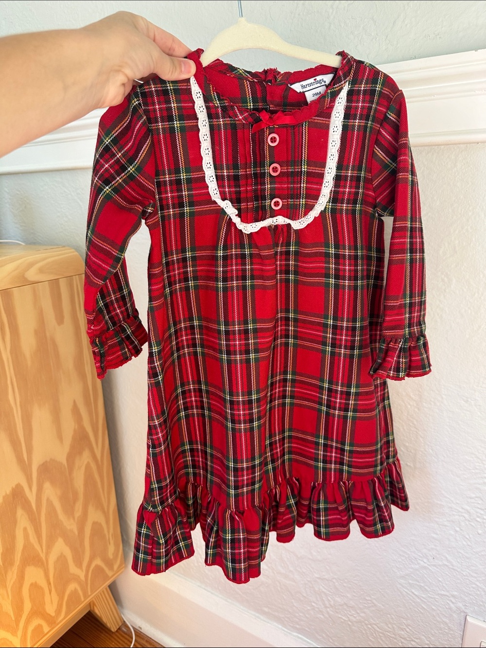 Hartstrings Red Plaid Girls Nightgown with White Lace Trim